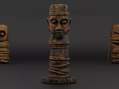 Rope-Wrapped Wooden Idols Pack 3 Ancient Carved Props Low-poly 3D model