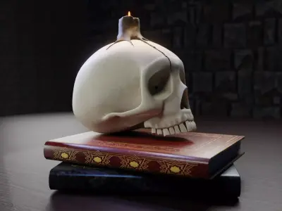 Gothic Skull Candle on Old Books - Stylized 3D Model 3D model