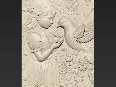 A Little Girl Feeding Pigeon A2 3D print model