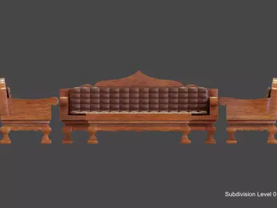 Set of wood sofa in vintage style and leather cushions 3D model