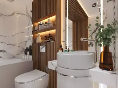 Realistic Modern Luxury Marble-Wood Bathroom Interior 3D Model 3D model