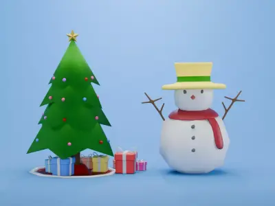 Low Poly Christmas Tree and Snowman  Low-poly 3D model