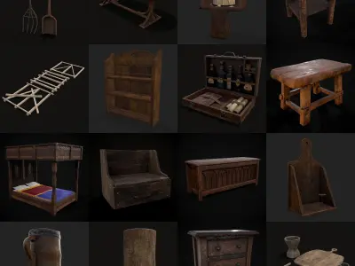 Medieval Props Collection ONE Low-poly 3D model
