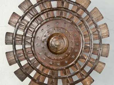 Wood Loom Wheel on Recycled Iron Stand 3D model