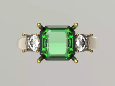 STL 3D Ring Central Emerald and Side Diamonds jr00291 3D print model