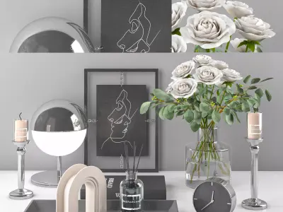 decorative set 5 roses in vase on desk 3D model