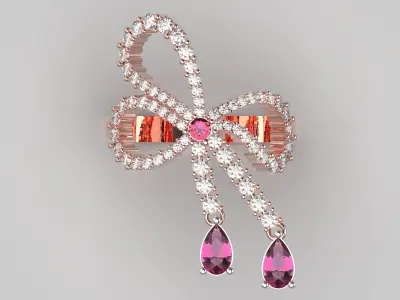 Luxury rose gold bow tie ring with diamonds rubies model jr00110 3D print model