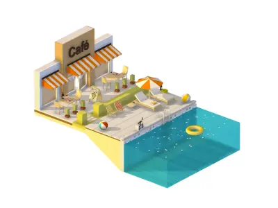 Italian cafe scene pizza pool Low-poly 3D model