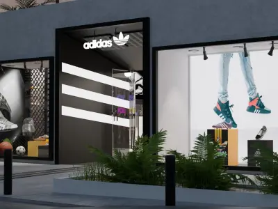 Adidas modern store with palm trees on street 3D model