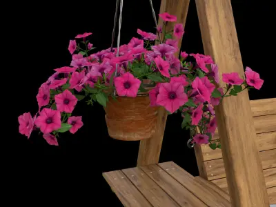 Swings wooden swing with flowers and potted plants 3D model