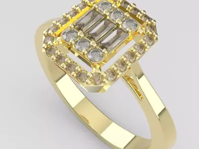 Luxury Gold Ring with Baguette and Round Cut Diamonds 3D print model