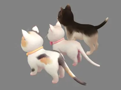 Cartoon three fat cats - pink female cat Low-poly 3D model