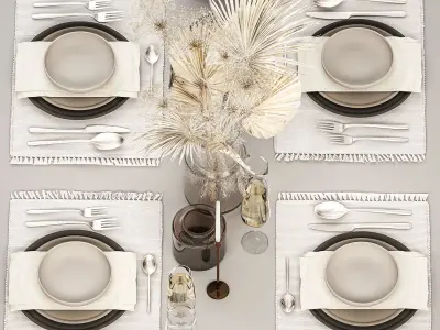 Table setting for 6 persons with a bouquet of dried flowers 3D model
