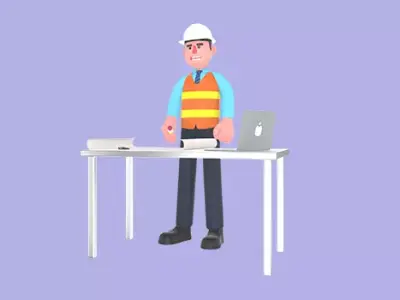 3D Cartoon Male Architect Character - Angry at Work Desk Scene 3D model