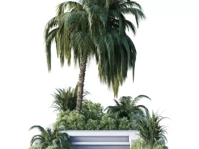 Concrete stair garden with palm trees shrubs and grass set 112 3D model