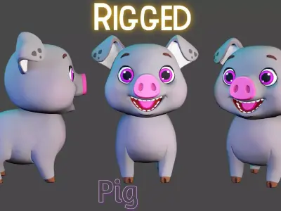 Rigged Grey Stylized Farm Pig  Low-poly 3D model