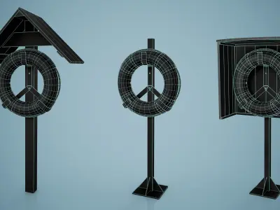 Set of 3 Lifebuoy On Holders Low-poly 3D model