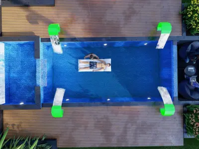 3D Model of a Swimming Pool with Wooden Deck Pergola Seating 3D model