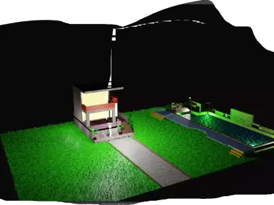 modern house with swimming pool and lawn Low-poly 3D model