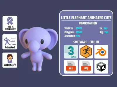 Little Elephant Animated Cute 3D Models For Games And Animations Low-poly 3D model