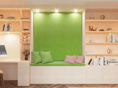 Bookshelf - desk - seating area interior scene 3D model