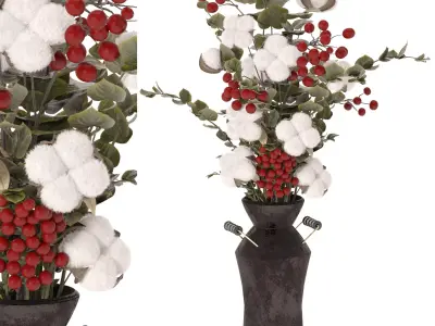 Festive Christmas Vase with Winter Berries and Cotton Accents 3D model