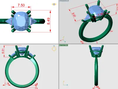 Three-Stone cushion ring with triangle stones on the side 3D print model