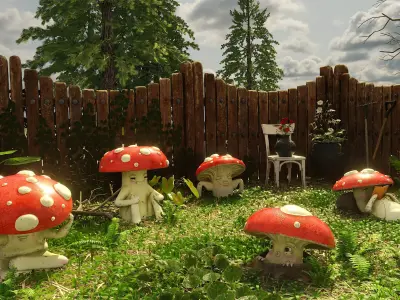 Garden ceramic mushroom collection  Low-poly 3D model