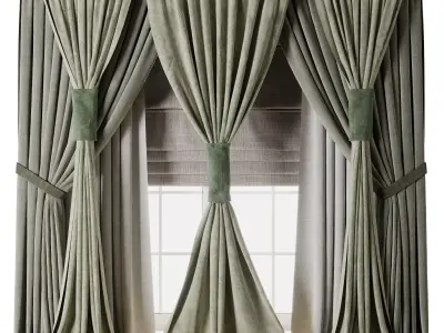 Classic green Curtain with Roman blinds Curtain 021 HBH Low-poly 3D model