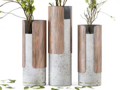 Indoor Plants in Combination of wood  concrete vase  3D model