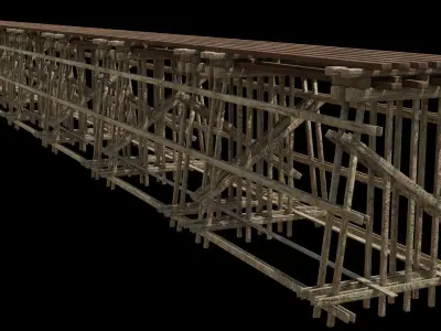 Two models 3D Wood trestle bridge and rail tracks Low-poly 3D model