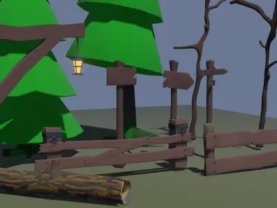 Low Poly Cartoon Trees Grass Plants Fence Barrel Low-poly Free low-poly 3D model