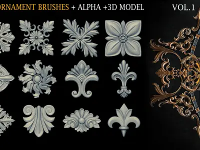 60 Ornament brushes and 3dmodel Low-poly 3D model