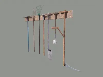 Tool Rack with Garden Tools Low-poly 3D model