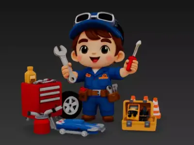 Cute Chibi Garage Mechanic Kid with Tools - 3D Character Low-poly 3D model