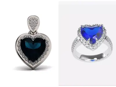 luxury set heart pendant and ring with stone shape of heart 3D Model Pack