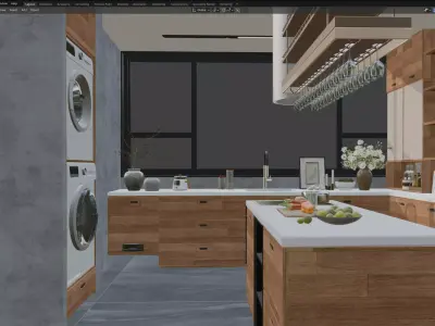 Modern Wooden Kitchen with Island and Built-in Appliances 3D model