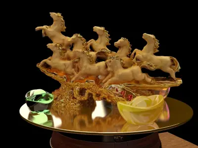 Chinese gold ingot with golden horse statue  3D model