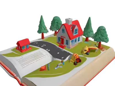 Low Poly PopUp Book Village Low-poly 3D model