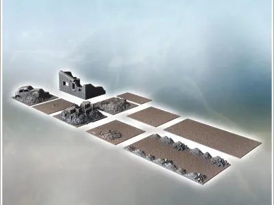 Set of urban ruins with debris car carcass and cobbled street 4  3D print model