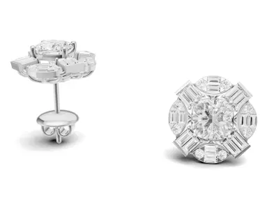 Cushion Colour Stone Stud with Baguette and Round Diamond 3D print model