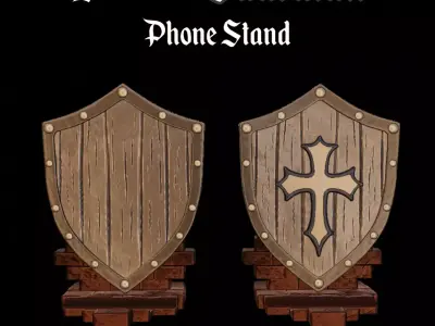 Heroic Phone Stand  Shield Design with Cross for Desk Setup 3D print model