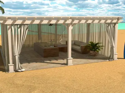 Cabana beach gazebo with curtains and surfboard 3D model