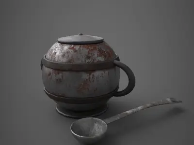 Medieval Tavern Soup pot and Spoon Free low-poly 3D model