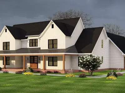 Modern Farmhouse Exterior with Front Porch and Black Roof 3D model
