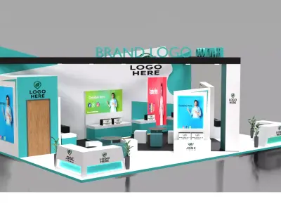 Contemporary exhibition booth with teal accents and brand focus 3D model
