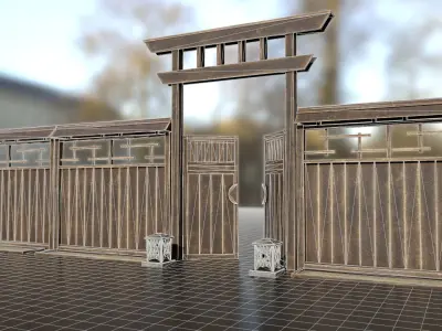 Japanese wooden modular fence  Low-poly 3D model