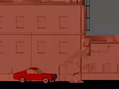 Red Car with Building and Tree Low-poly 3D model