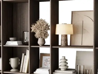 Wooden Shelves Decorative With Plants and Book - Wooden Rack 22 3D model