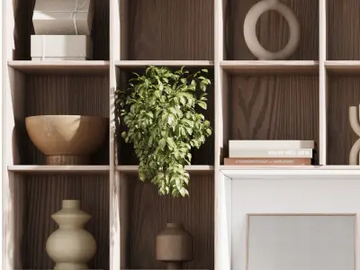 wooden Shelves Decorative With Plants and Book - Wooden Rack 11 Low-poly 3D model